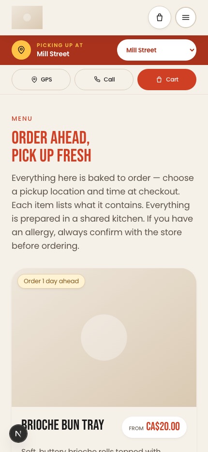 The same ordering flow at phone width.