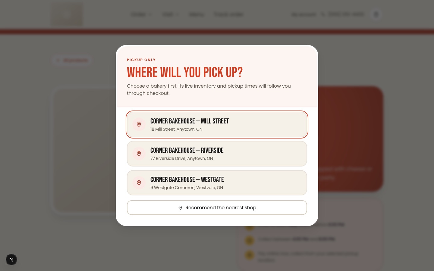 Location first. The chosen branch follows the customer through the whole checkout.