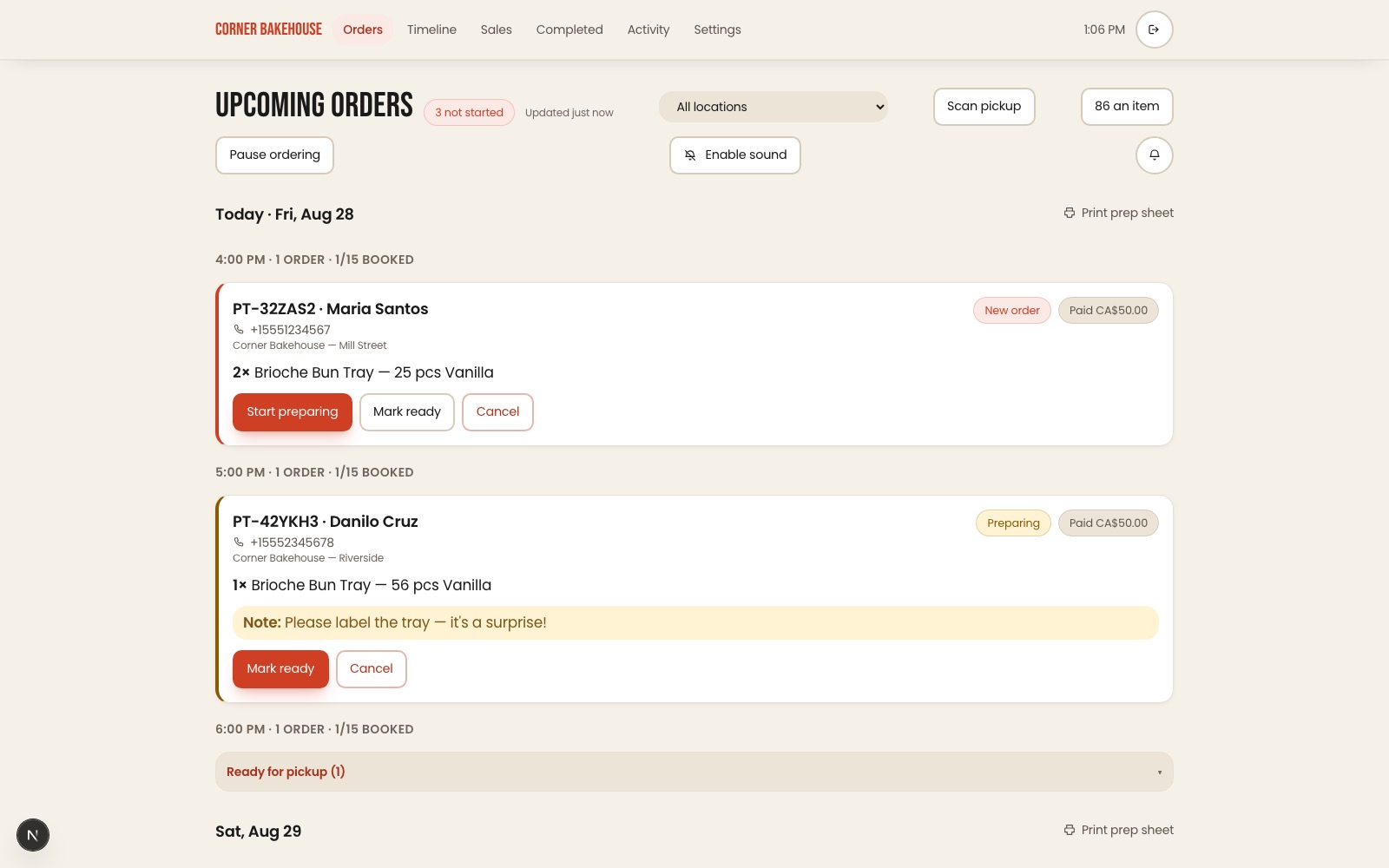 The counter dashboard: slot capacity, prep state, pickup codes, prep sheets, and a location filter.